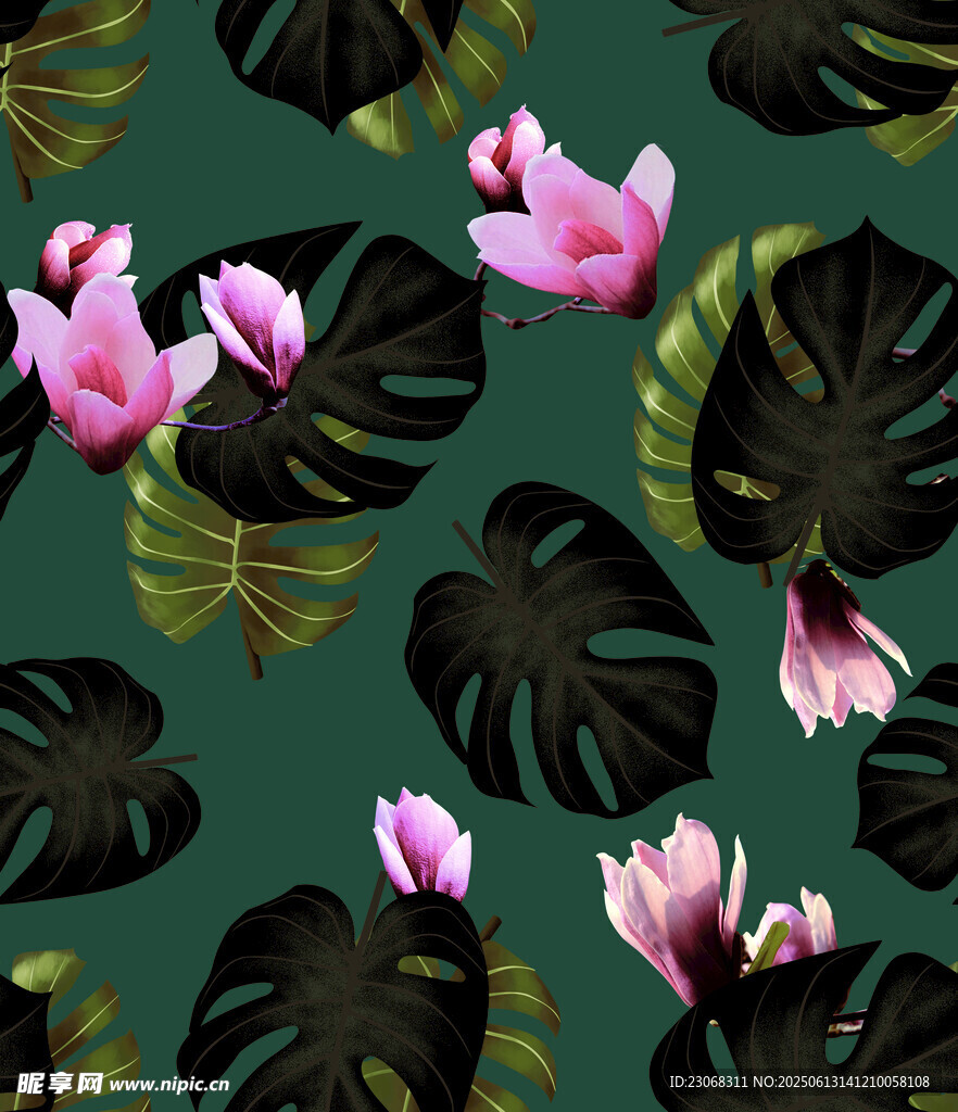 粉色花卉与绿叶图案背景