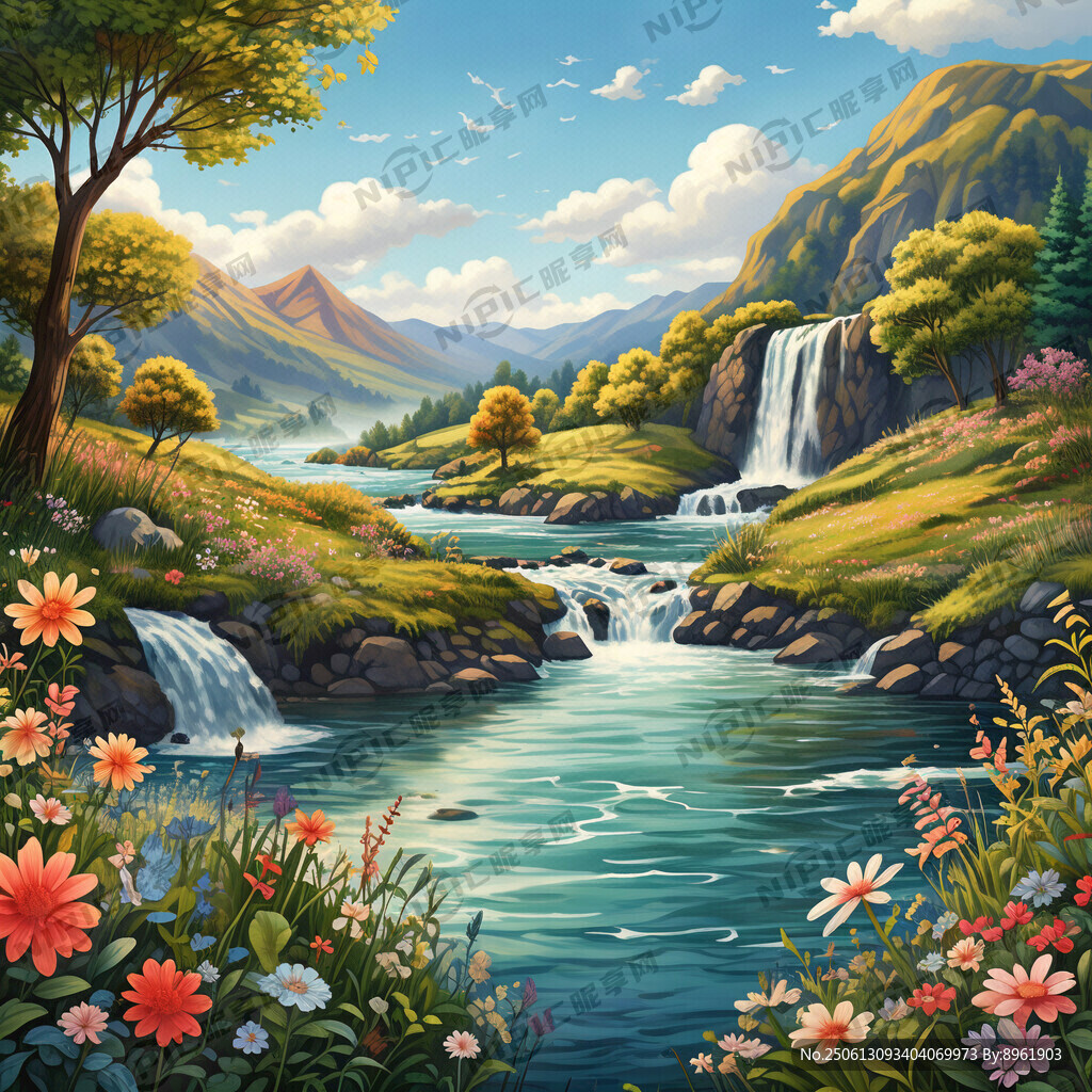 瀑布河流 平原草地 自然风光