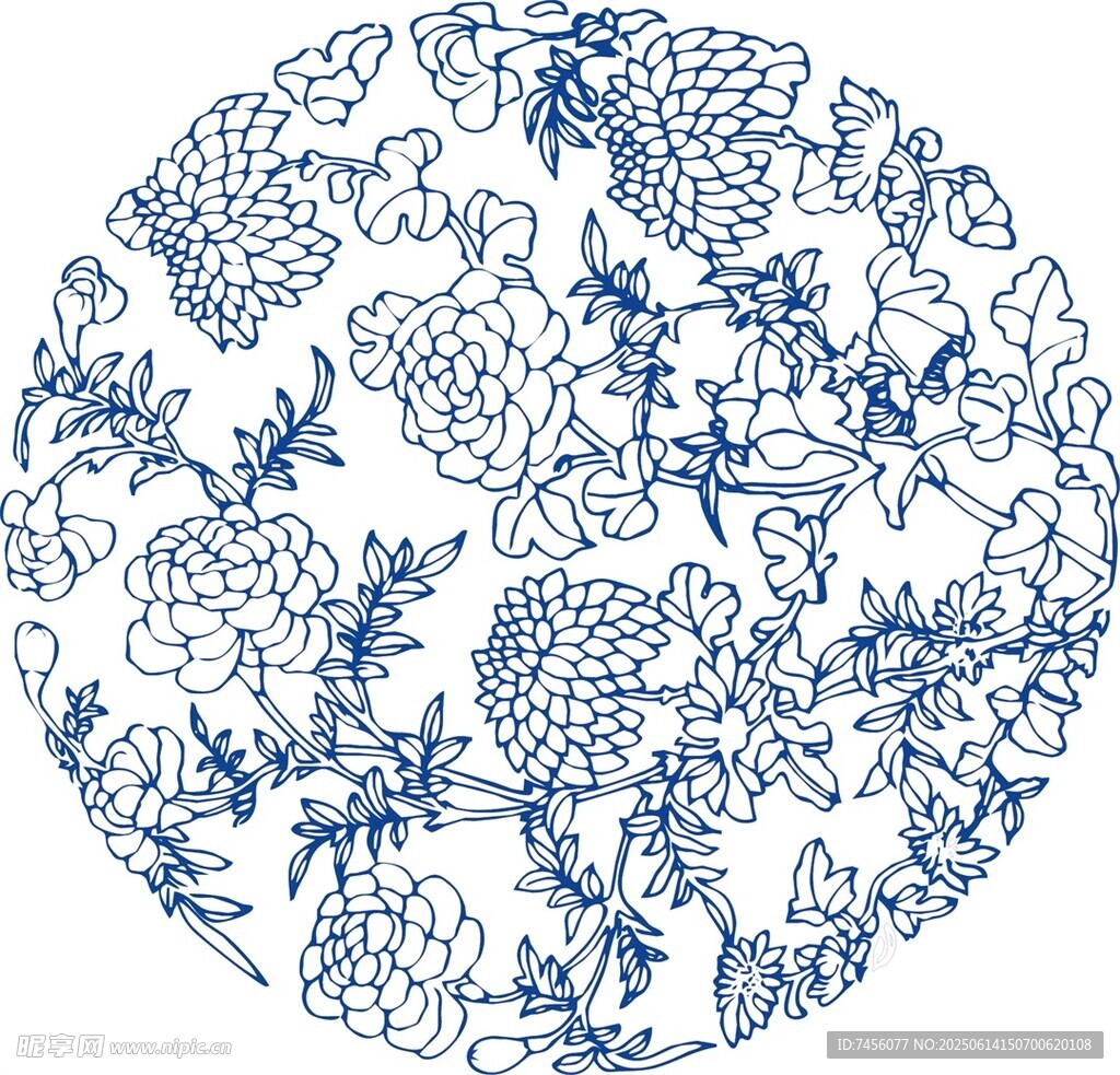 圆形蓝白花卉植物图案