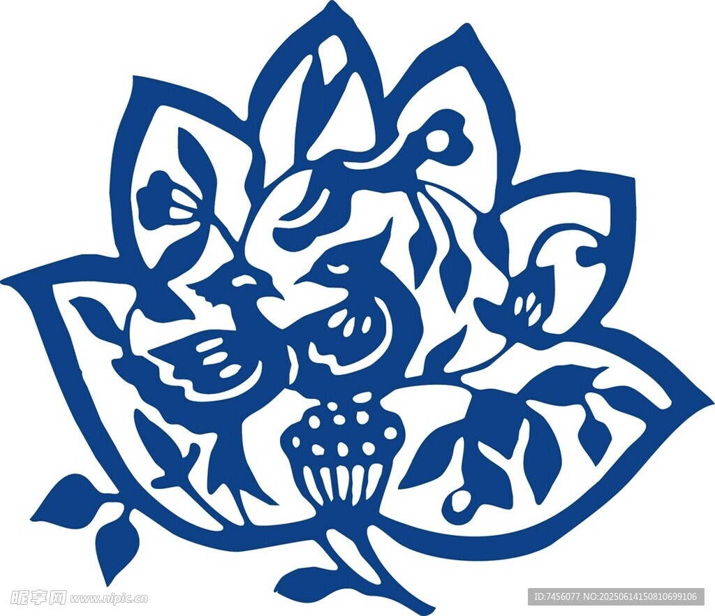 蓝底花鸟剪纸图案
