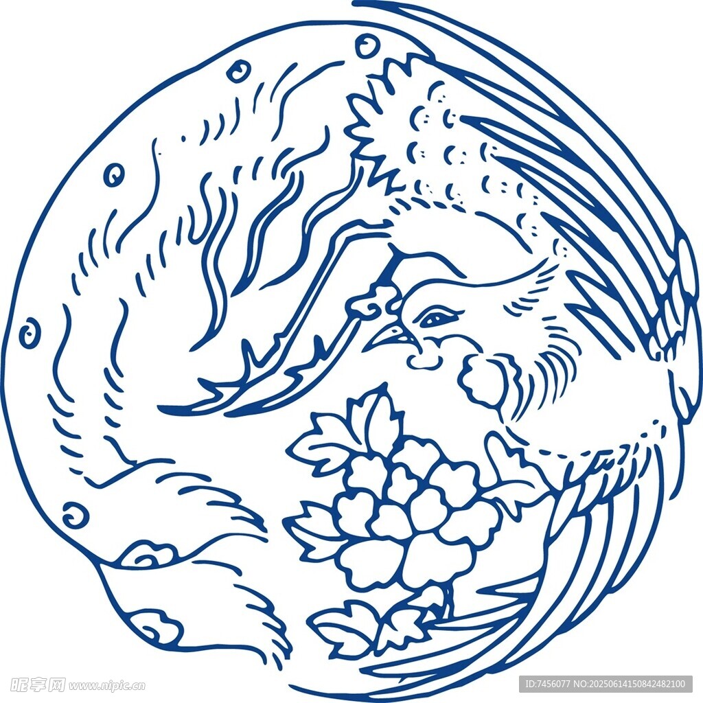 圆形蓝白凤凰花卉图案