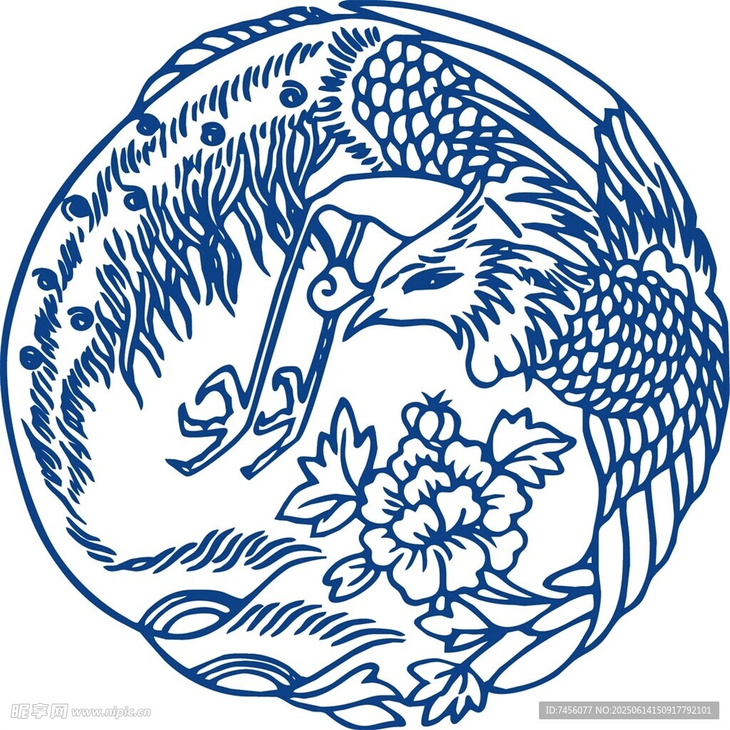 蓝白仙鹤牡丹传统图案