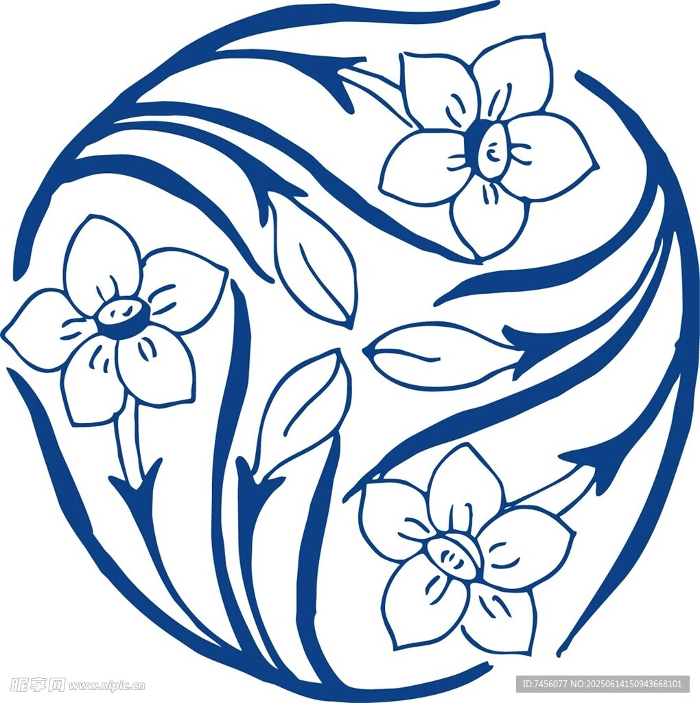 蓝白花卉圆形装饰图案