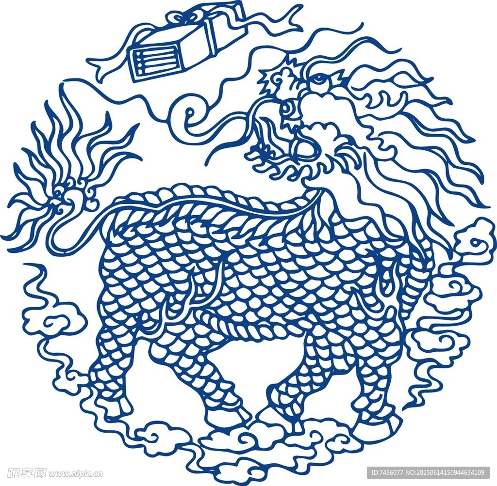 传统蓝白麒麟纹样图案