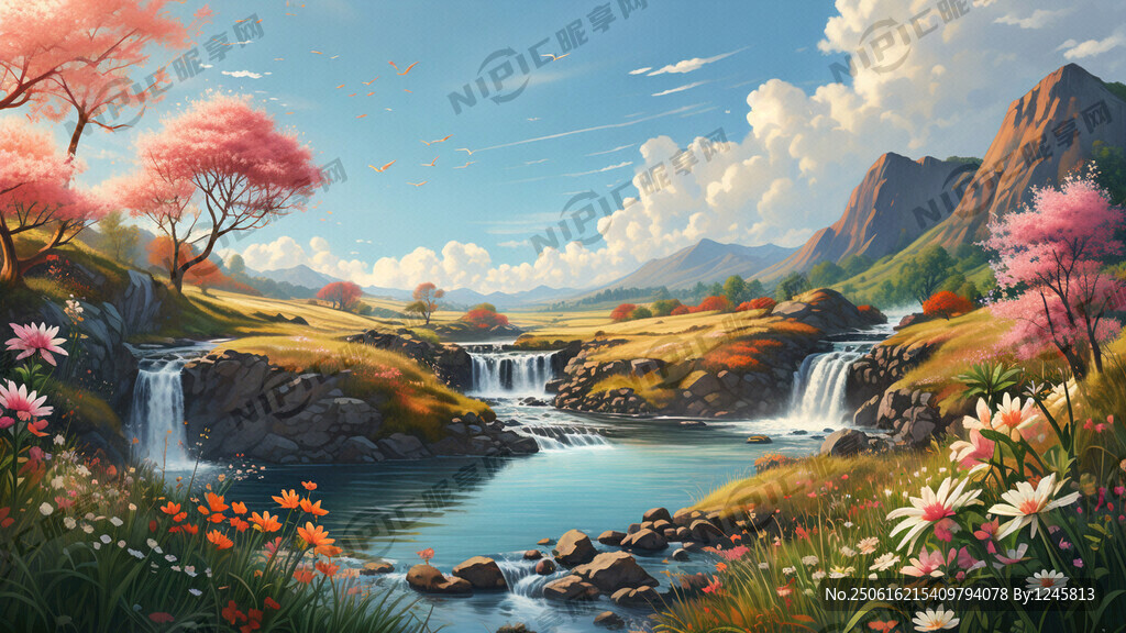 瀑布河流 平原草地 自然风光