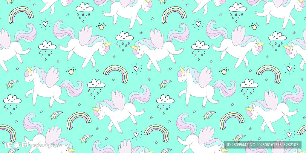 梦幻独角兽薄荷绿背景图案