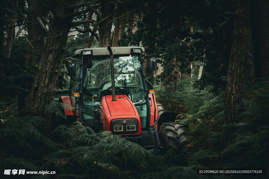 森林中的红色拖拉机