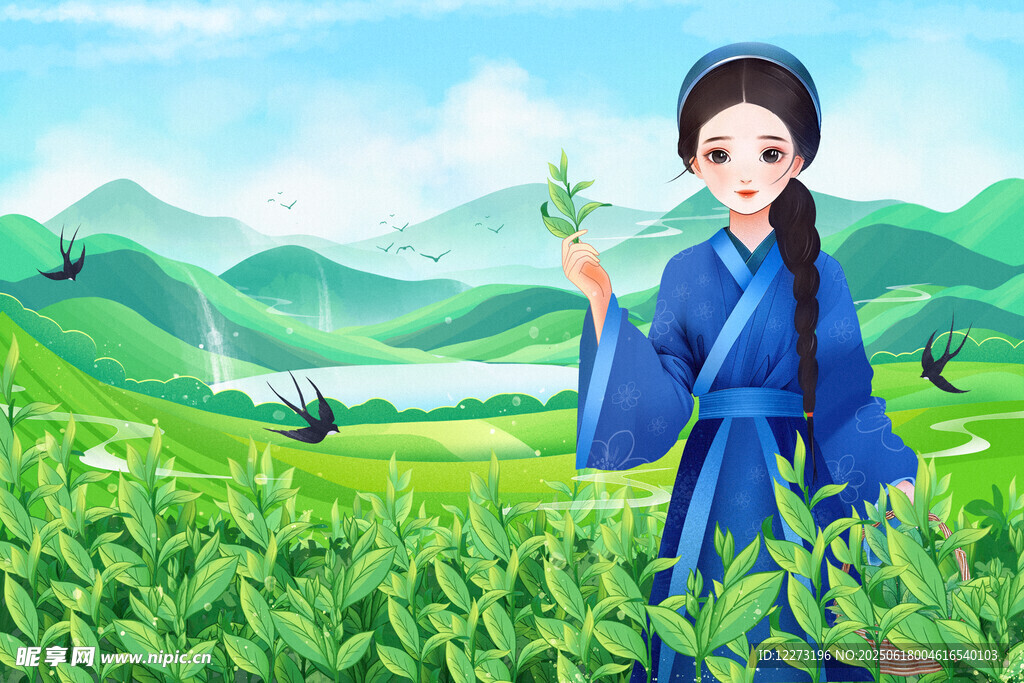 古装女子于茶园悠然赏茶