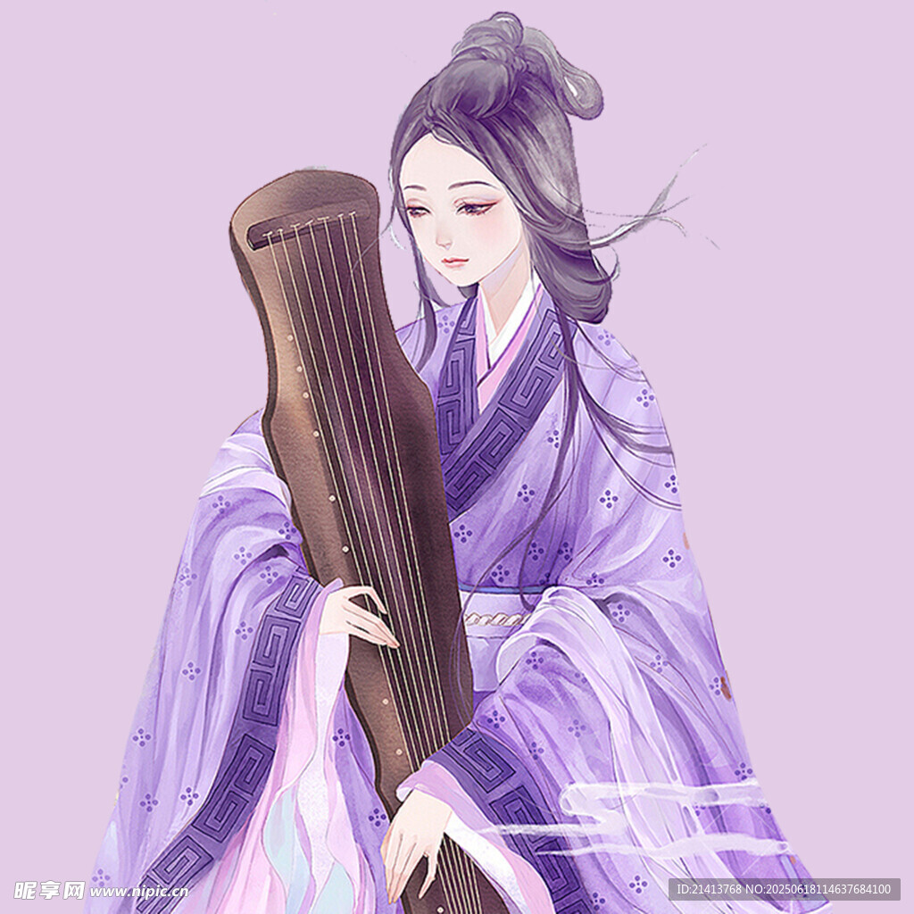 紫衣女子抱琴优雅图