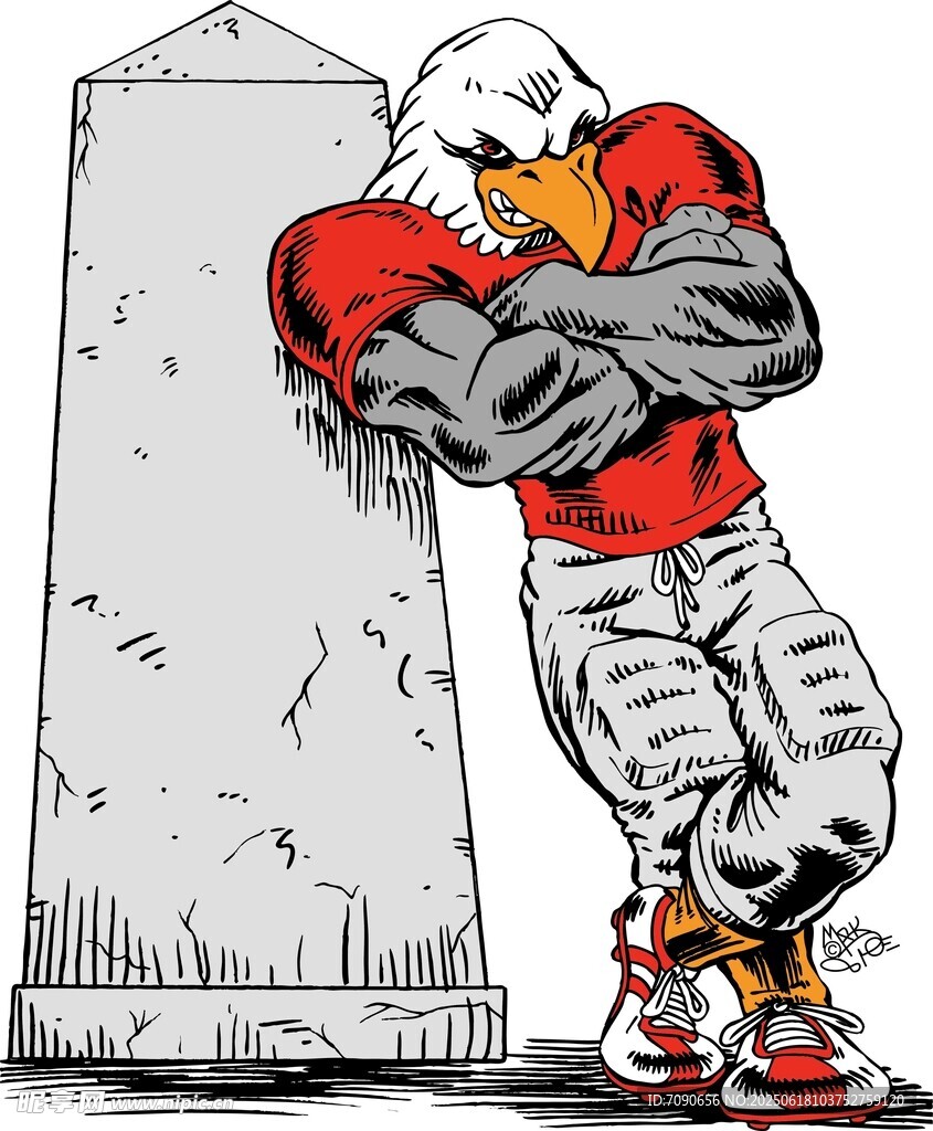 强壮老鹰靠纪念碑而立