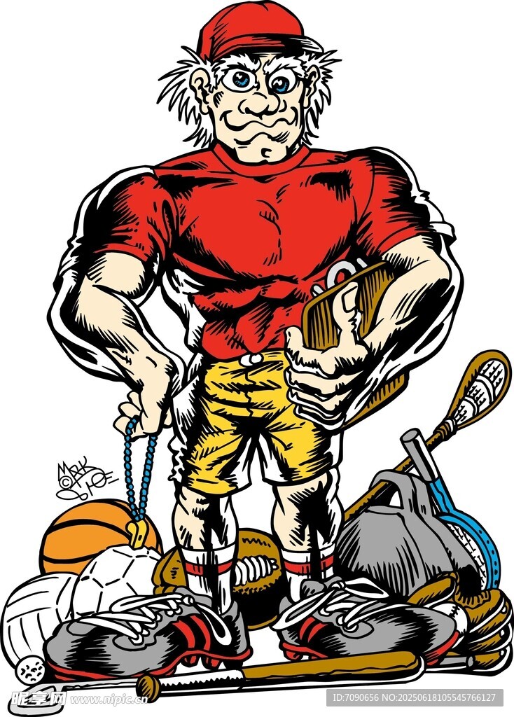 强壮清洁工与各类清洁工具