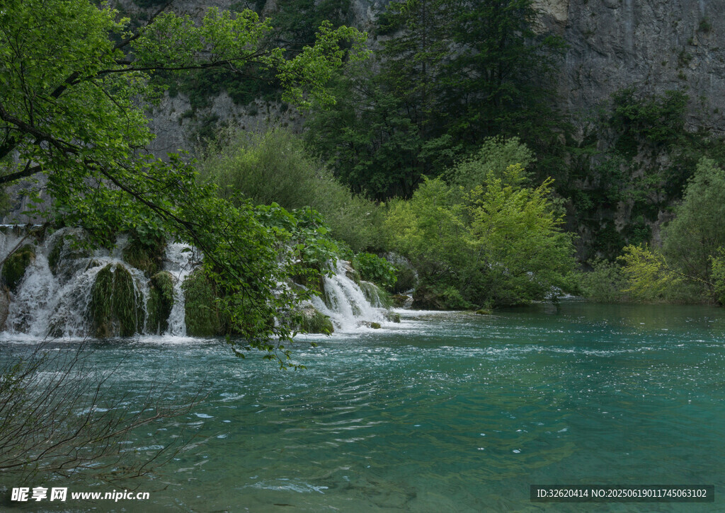 美丽的森林瀑布湖泊景观