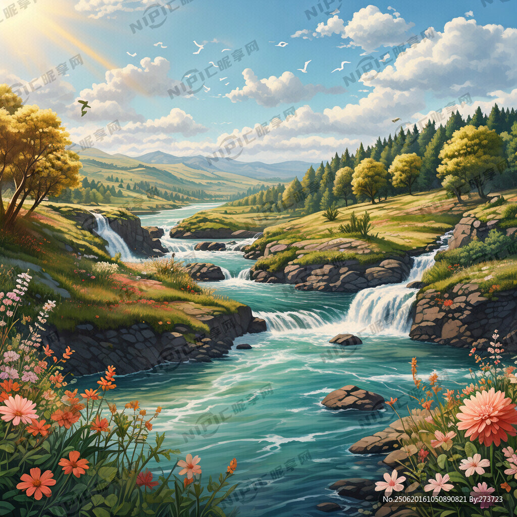 瀑布河流 平原草地 自然风光