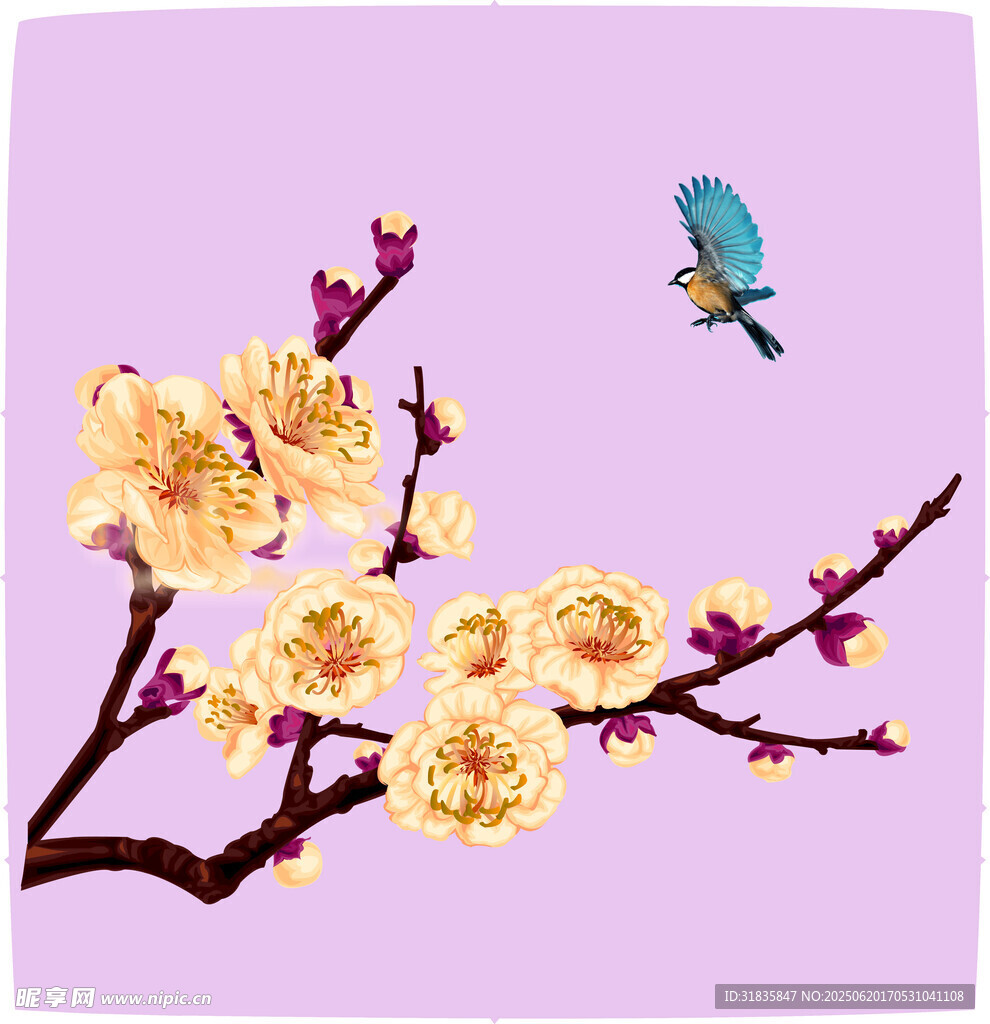 紫背景上花鸟刺绣图案