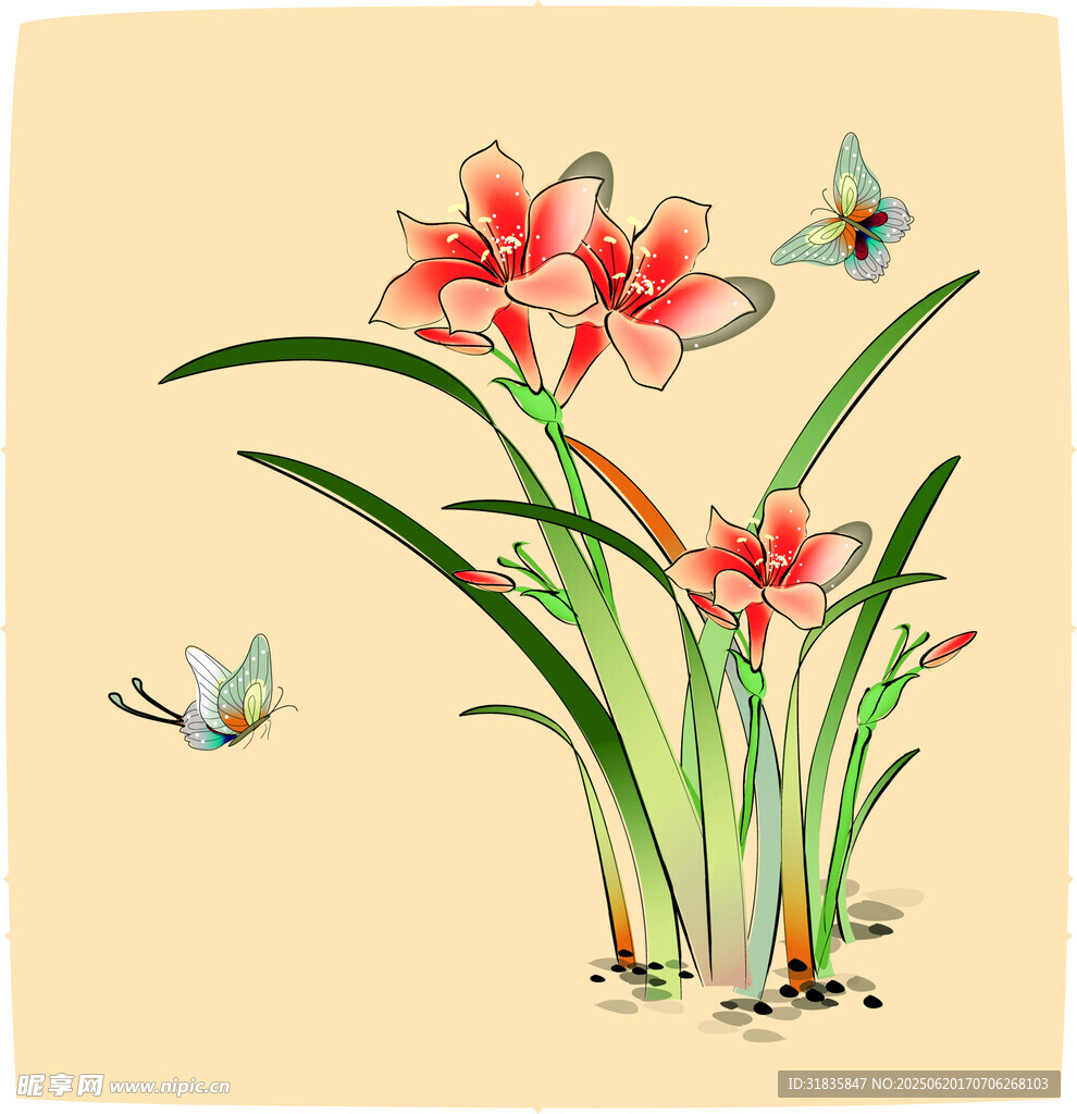 手绘花卉与灵动蝴蝶图