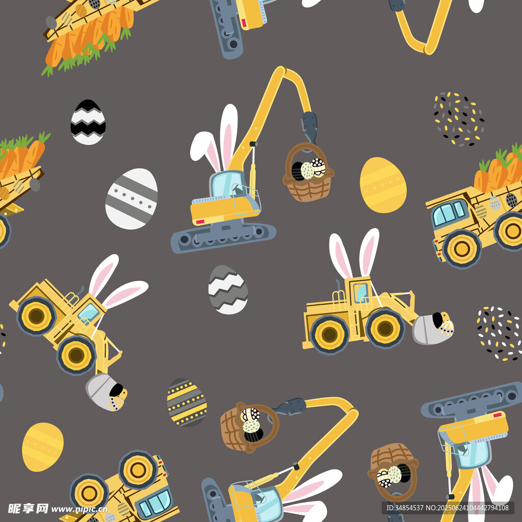 卡通工程车与兔子图案背景