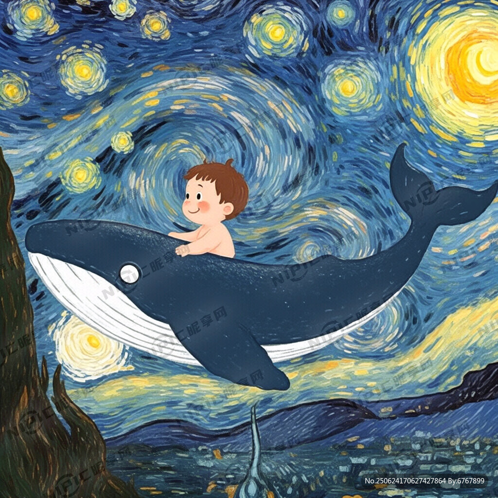 宝宝骑着鲸鱼 鲸鱼深蓝色