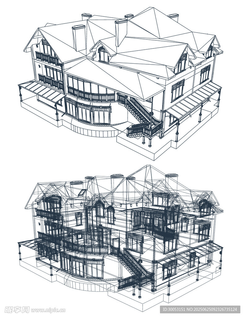 现代风格别墅建筑线稿图