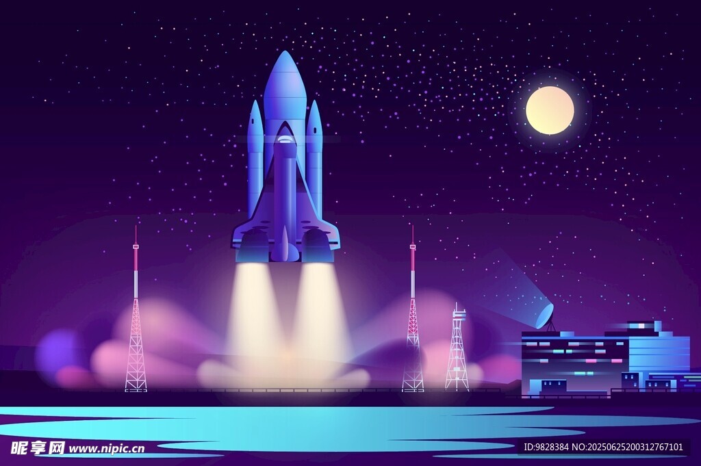 火箭升空夜景图
