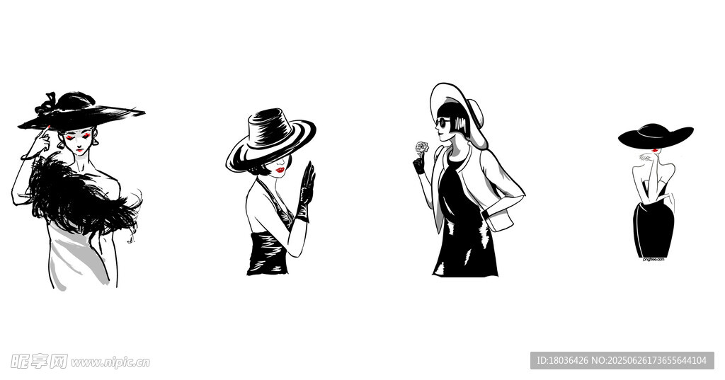 时尚女性帽饰造型插画模特png