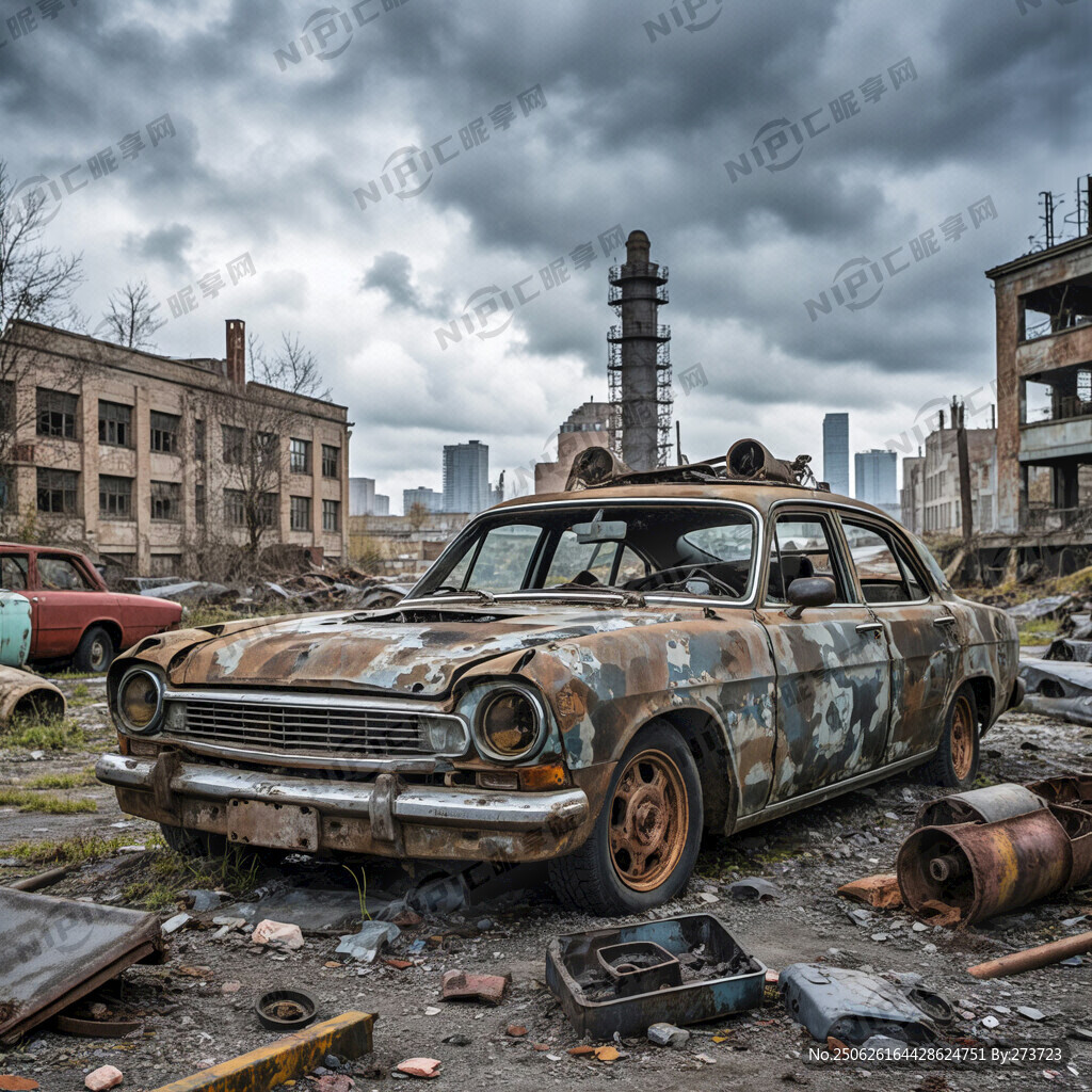 城市废墟 破旧汽车 赛博朋克