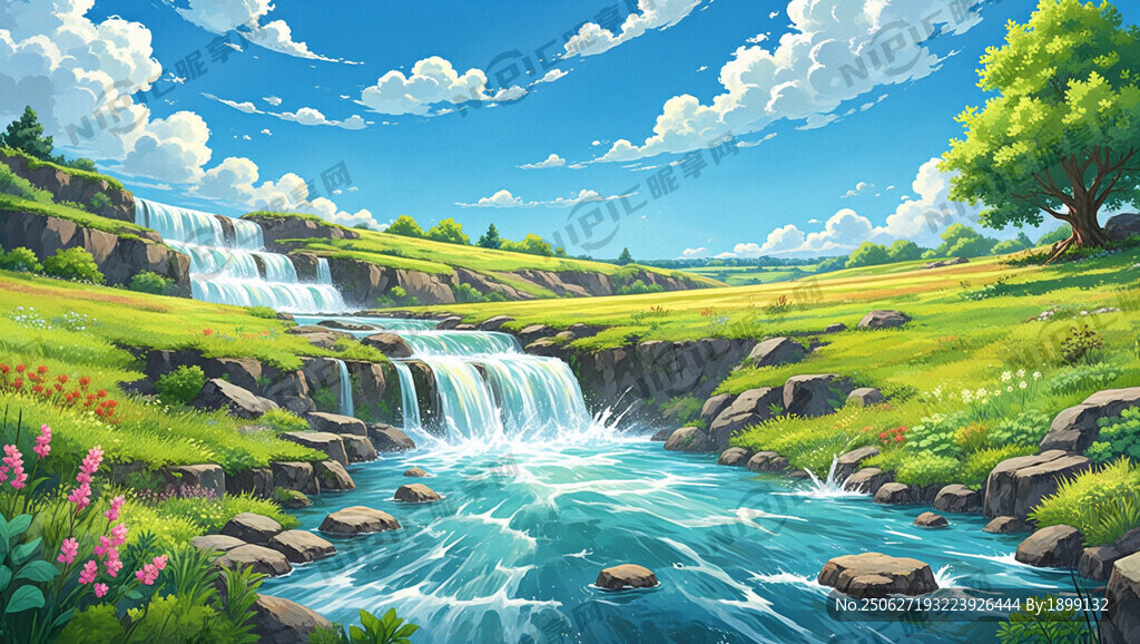 瀑布河流 平原草地 自然风光