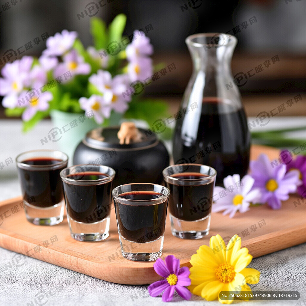 在桌面上摆放黑糯米酒杯和酒瓶及