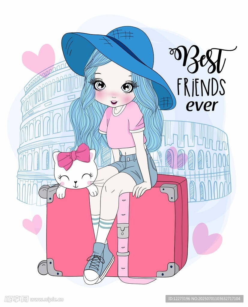 旅行少女与可爱行李箱