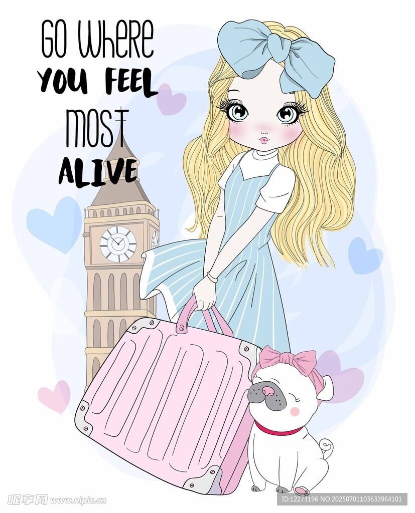 可爱女孩携宠物准备出行