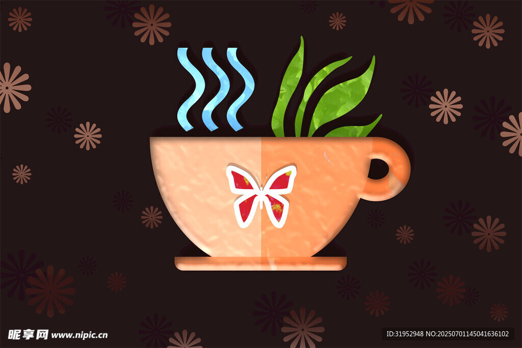 咖啡茶杯中的绿植与蝴蝶
