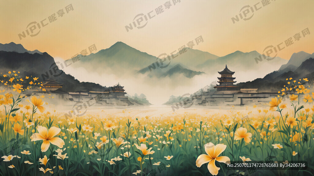 绿黄渐变底色 大同火山 云纹