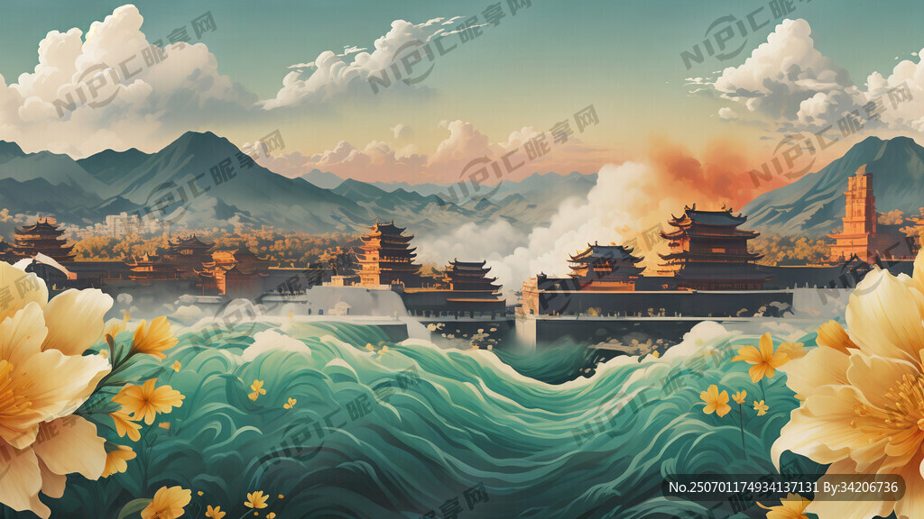 绿黄渐变底色 大同火山 云纹