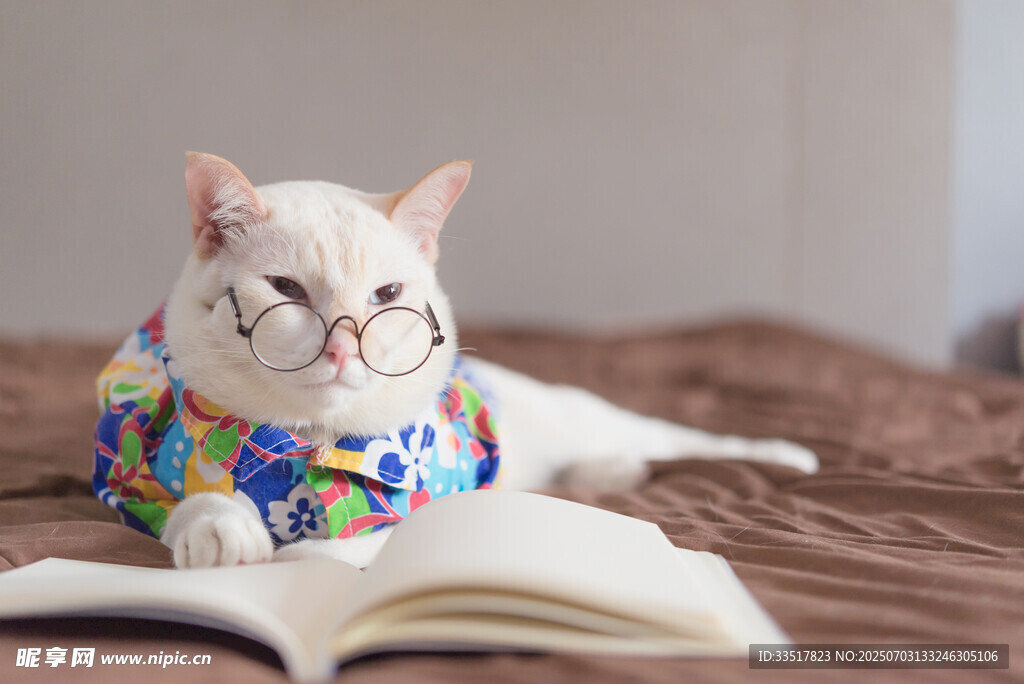 穿花衣猫咪惬意看书