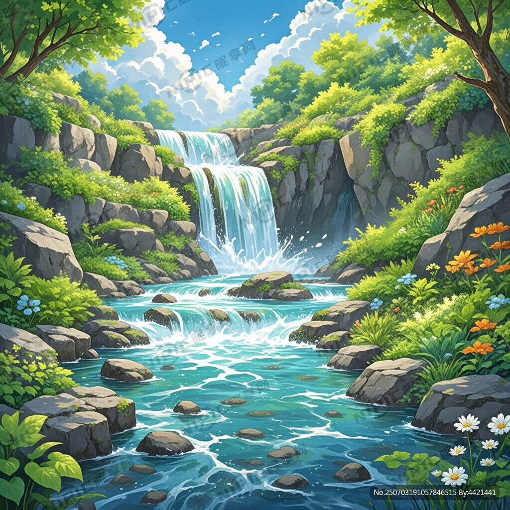 瀑布河流 平原草地 自然风光