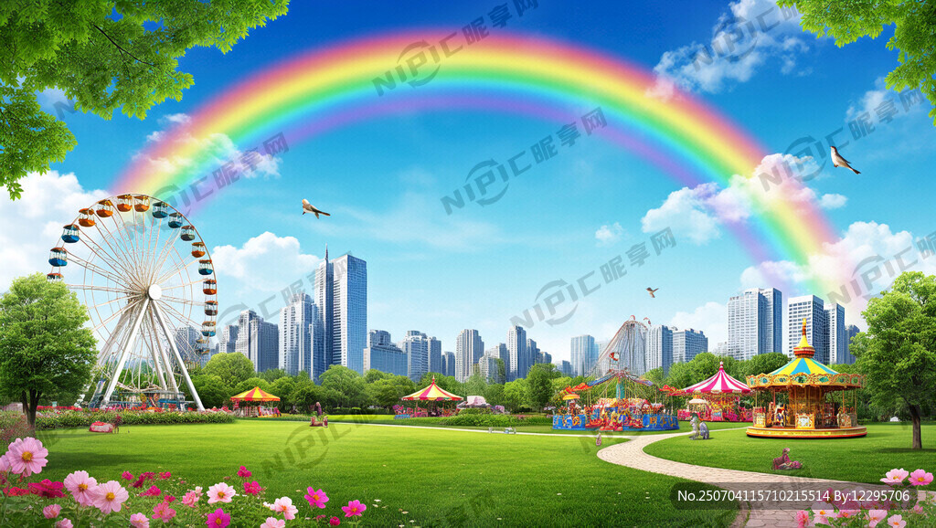 梦幻公园、彩虹、美景、草地、花