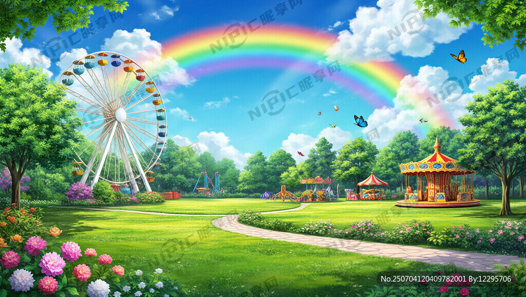 梦幻公园、彩虹、美景、草地、花