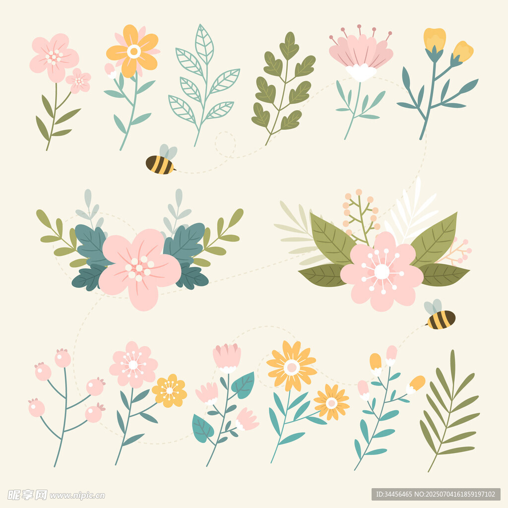 清新手绘花卉植物图案