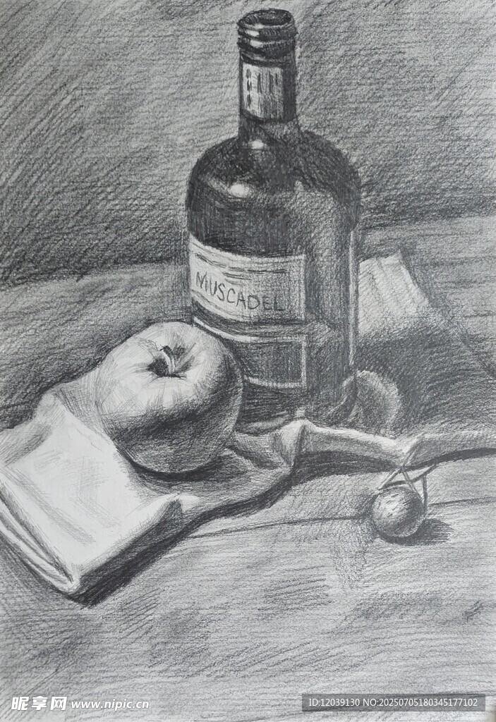 静物素描酒瓶与苹果