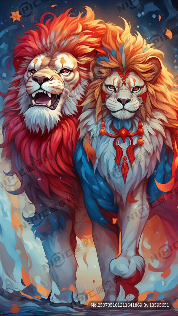 红蓝双醒狮 全身醒狮插画