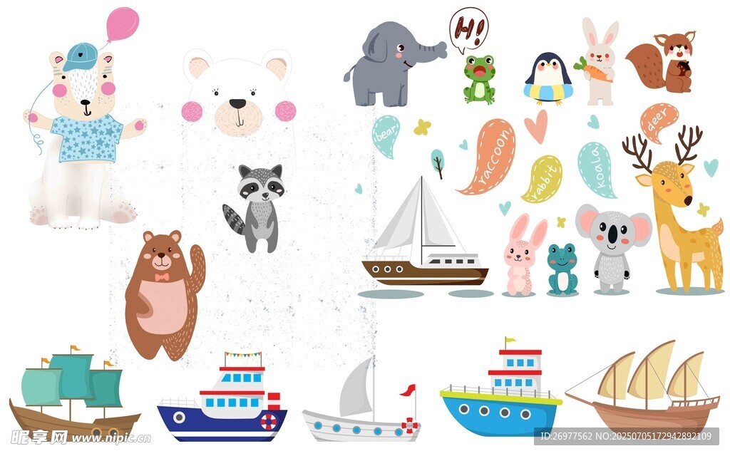 可爱动物与船只卡通图案