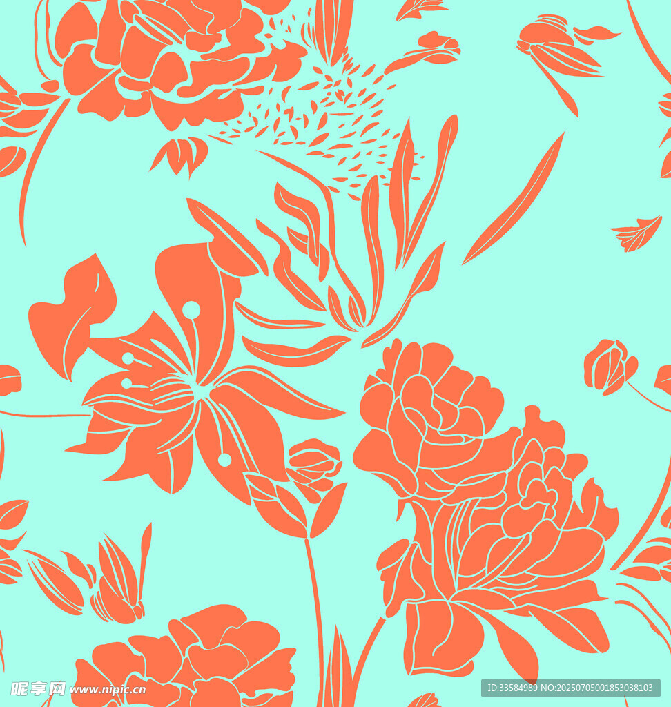 蓝底橙花花卉图案设计