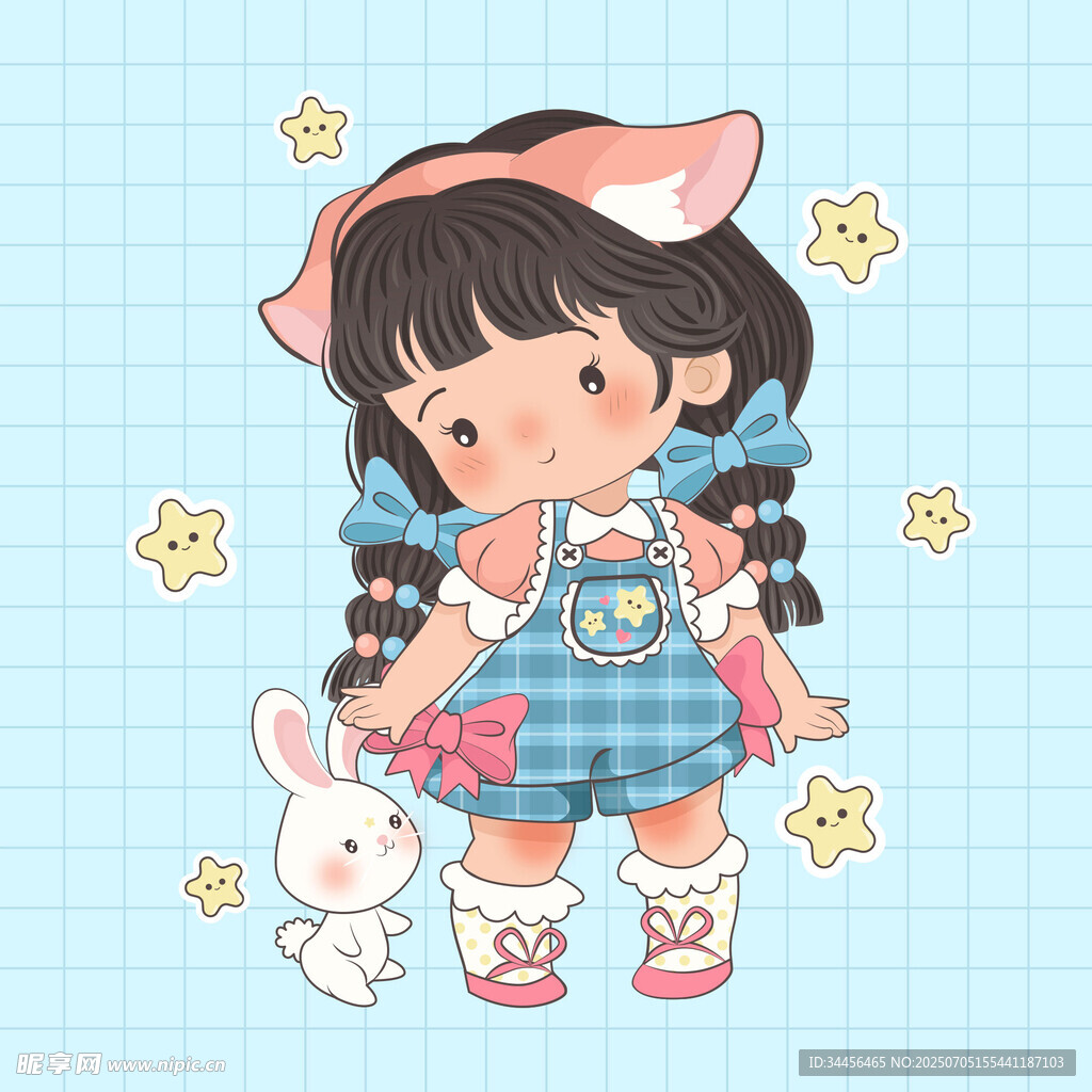 可爱双马尾女孩与白兔