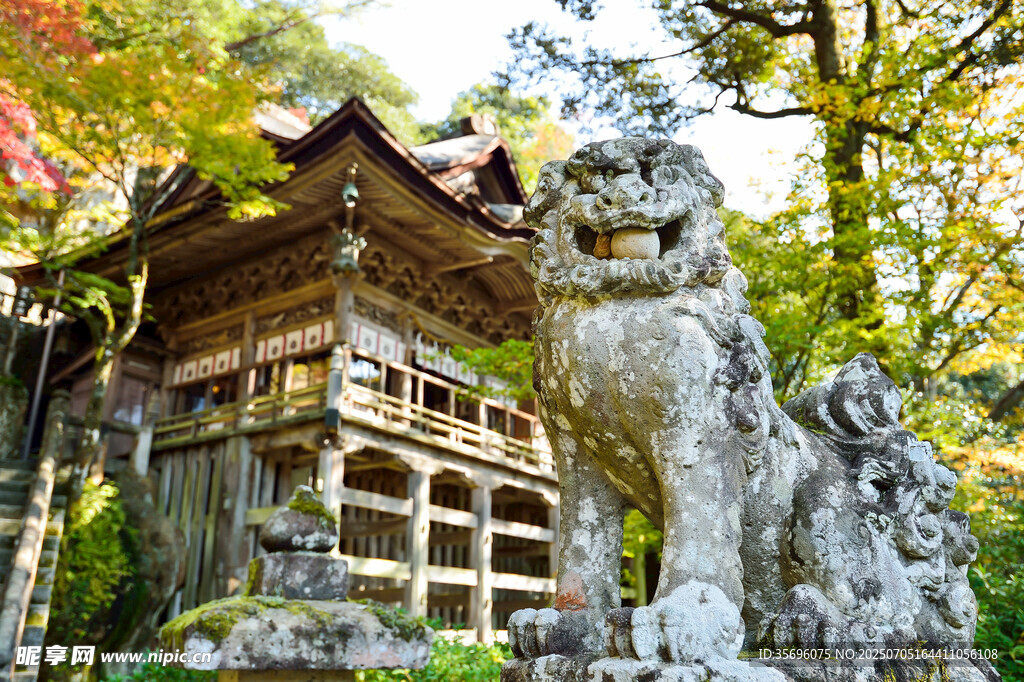 古建旁的石狮子与秋日景致