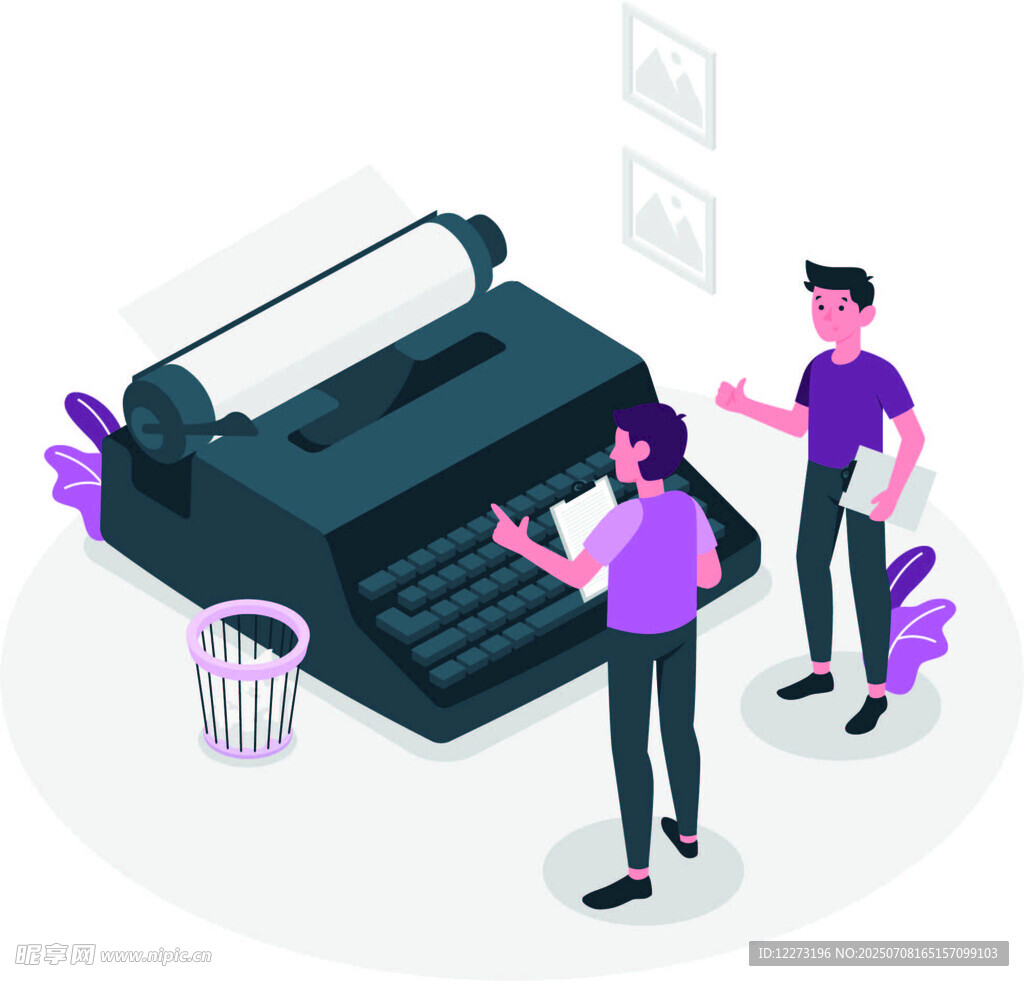 两人围绕老式打字机交流