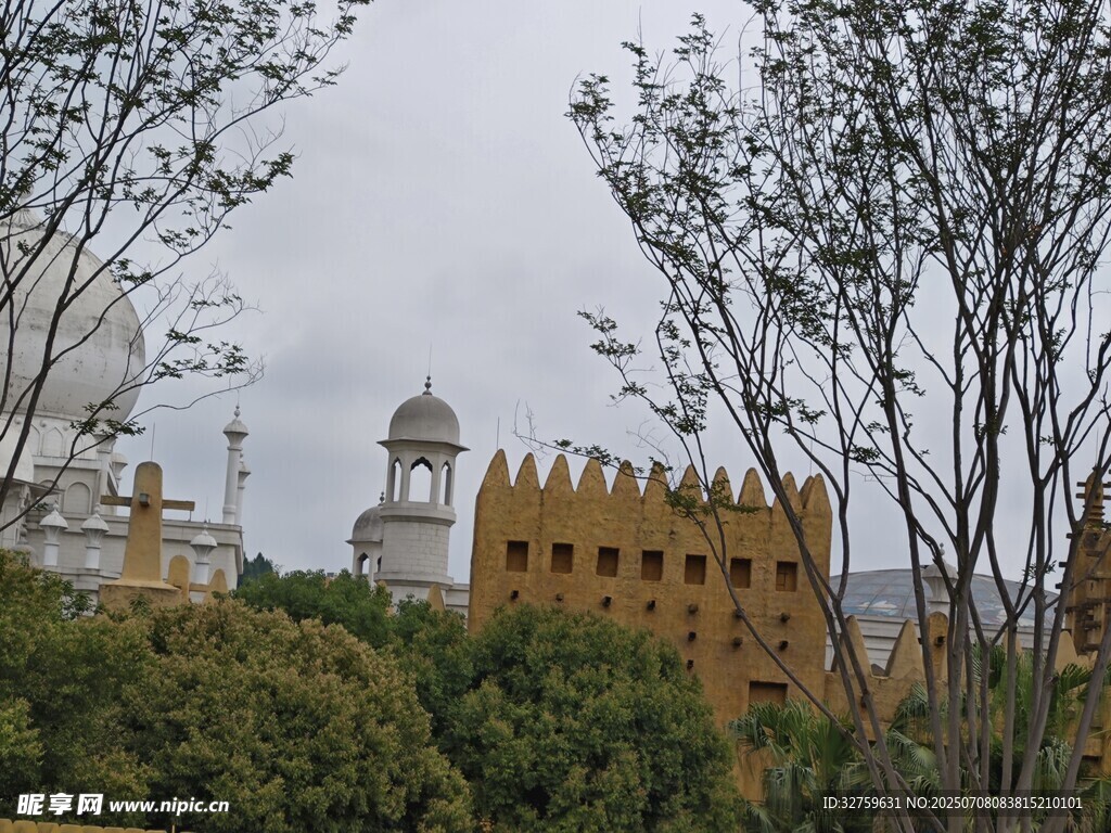 异域风格建筑与树木景观
