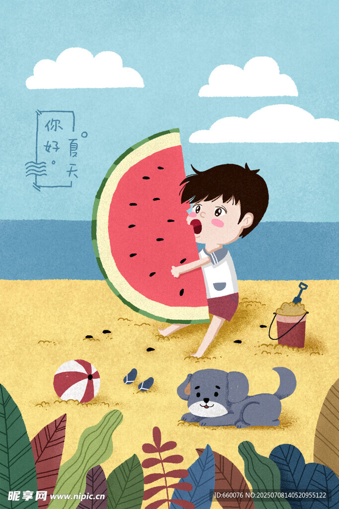 男孩沙滩上与西瓜猫咪玩耍