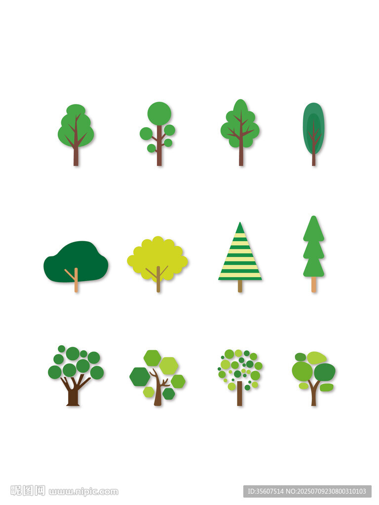 多样卡通树木图标集合扁平风手绘