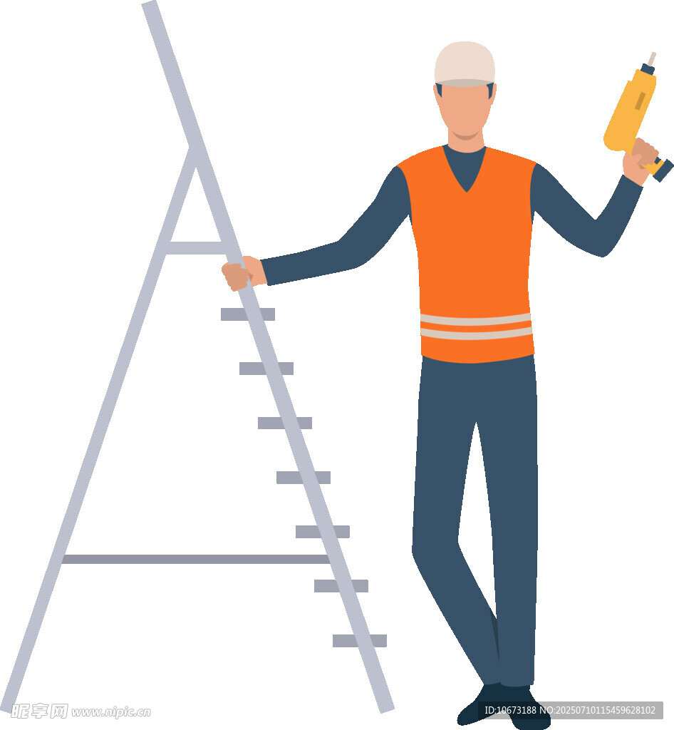 电工持工具靠在梯子上