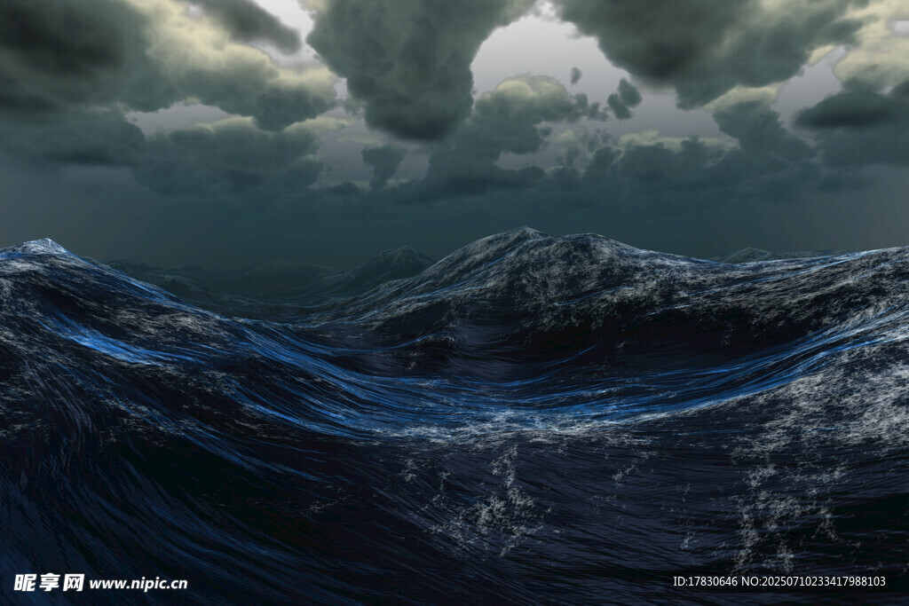 汹涌海浪与阴沉天空景象