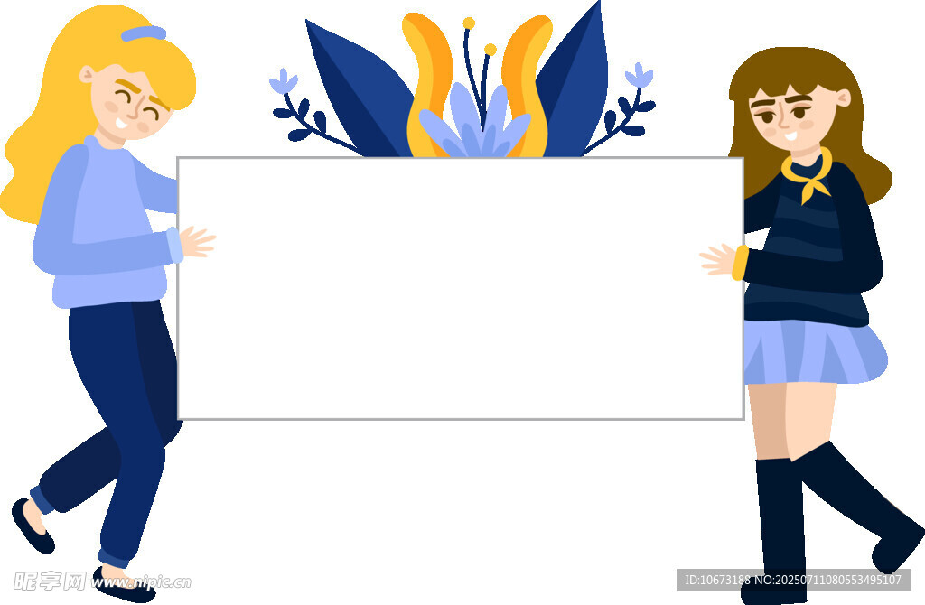 女孩携手持空白横幅